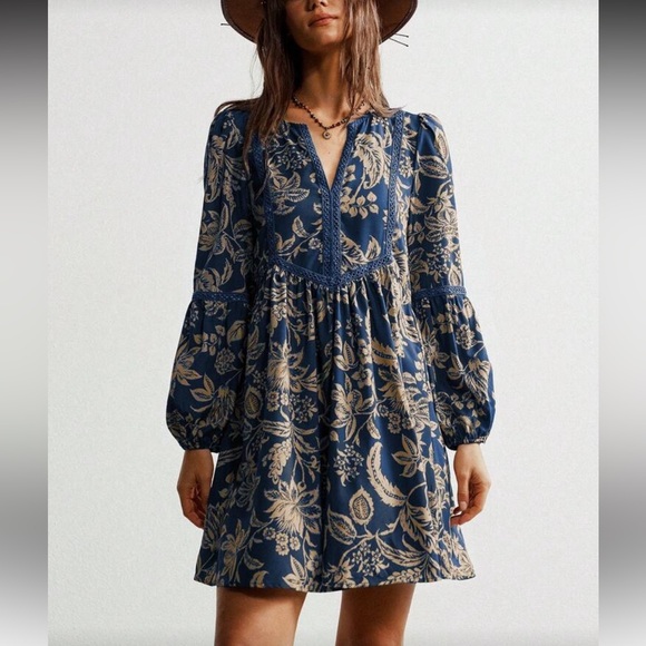 posh chronicles Dresses & Skirts - Dusty Blue Boho Baroque V Neck Ruffle Dress Long Sleeve S-XL
